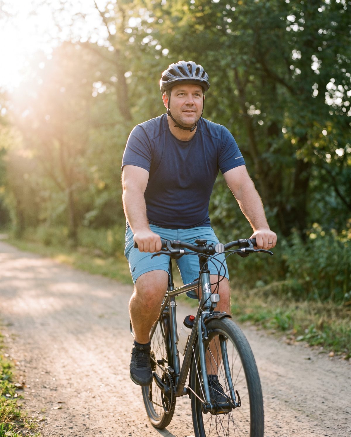 Man riding a bike on a sunny tree-lined path